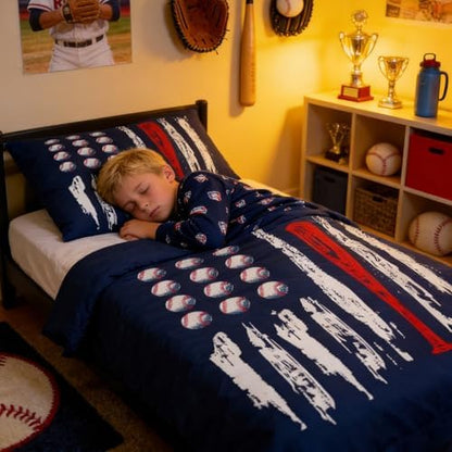 Castle Fairy Kids Baseball Gaming Coverlet Set Toddle Size Navy Blue Comforter Set for Boys Girls Teens Bedroom Decor Softball Comforter Women Men Ball Games Quilt Set with 1 Pillow Case