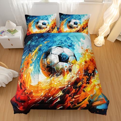Nttopship Sports Soccer Comforter Set Full Size Bedding Sets 3PCS for Kids Teen Adult Sports Room Decor Ultra-Soft Lightweight Microfiber 1 Comforter with 2 Pillowcases