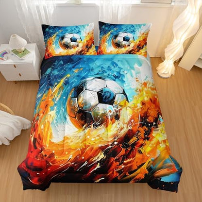 Nttopship Sports Soccer Comforter Set Twin Size Bedding Sets 3PCS for Kids Teen Adult Sports Room Decor Ultra-Soft Lightweight Microfiber 1 Comforter with 2 Pillowcases