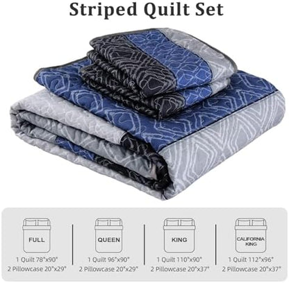 Cottolester Boho Quilt Set King Size,3 Pcs Gray Blue Striped Bedspread Set