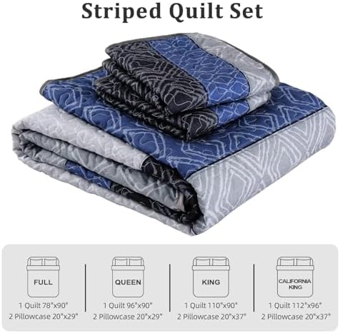 Cottolester California King Quilt Set 3 Pcs,Gray Blue Striped Quilt Set