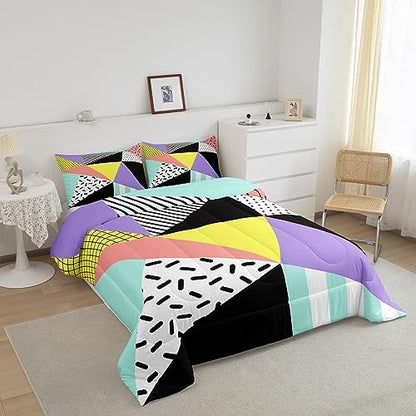 Manfei Memphis Comforter Set Full Size, Geometric Triangle Pattern Quilt Set with 2 Pillowcases, Retro 80s 90s Fashion Style Bedding Set 3pcs for Kids Boys Girls Lightweight Duvet Insert