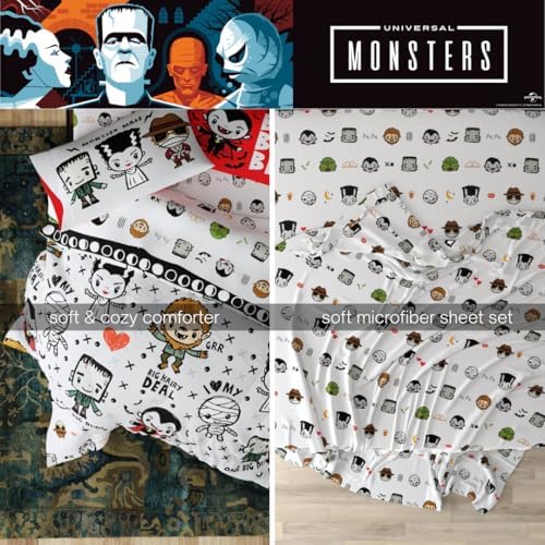 Universal Little Monsters Halloween Full Bed Set – Super Soft & Cozy 7 Piece Reversible Comforter and Sheet Set, (Officially Licensed Product) by Franco