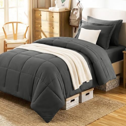 CozyLux Twin Comforter Set, 5-Piece Bed in a Bag, Dark Grey