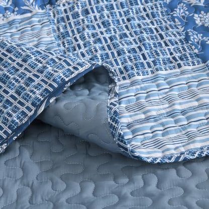 Litanika Floral Blue Quilt Queen - 3Pcs Botanical Birds Bedding Set