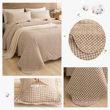 Lady Ann 100% Cotton Twin Quilt Set - Tan Gingham Quilted Bedspread, Soft 68x86 Khaki Plaid Coverlet with 1 Scalloped Edge Pillow Sham, Lightweight Farmhouse Bedding Set for All Season