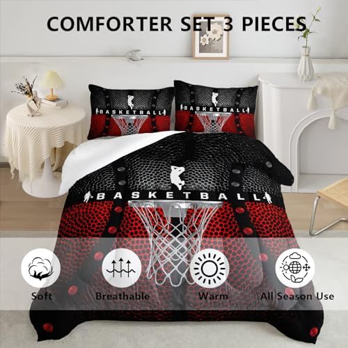 Axolotl Basketball Bedding Set for Boys Kids Teens,Soft Microfiber Black and Red Sports Theme Basketball Bedding Sets Queen Size with 1 Comforter and 2 Pillowcases All Season