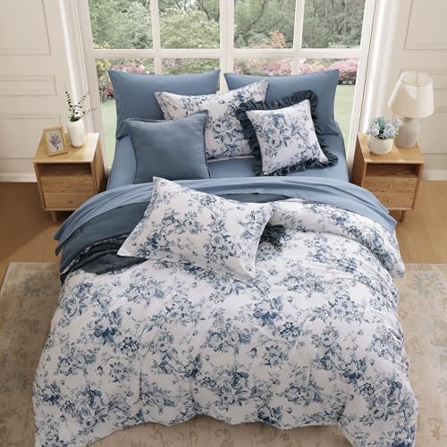 BLOOMHAVEN King Size Comforter Set-7 Pieces Blue Floral Bed in a Bag King