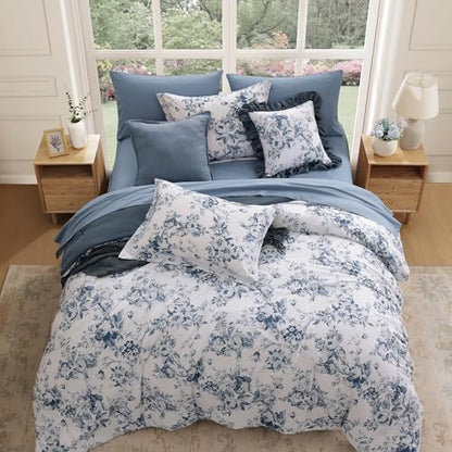 BLOOMHAVEN King Size Comforter Set-7 Pieces Blue Floral Bed in a Bag King