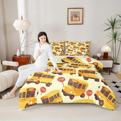 Erosebridal School Bus Comforter Set Toddler for Kids, Cartoon Truck Bedding Set for Boys Girls Teens Youth Bedroom Decor, School Theme Comforter, Yellow Vehicle Quilt with 1 Pillowcase, 2 Pcs