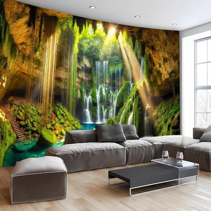 FENDROM Waterfall Tapestry Tropical Forest Mountain Sunset Cave Stone Wall Hanging Scenic Rainforest Landscape Nature Sunrise Headboard for Bedroom Living Room Home Decor