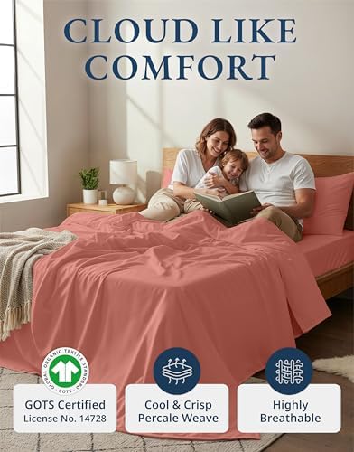LANE LINEN Twin Sheets 100% Organic Cotton Percale Cooling Soft - Rose Dawn