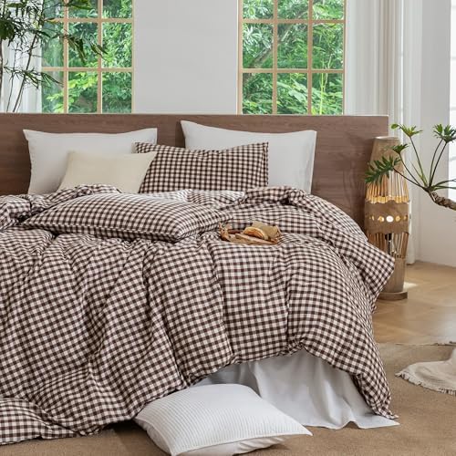 MooMee Gingham Duvet Cover Set 100% Washed Cotton Linen Like