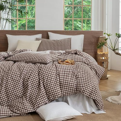 MooMee Gingham Duvet Cover Set 100% Washed Cotton Linen Like