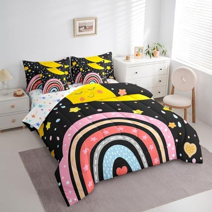 Erosebridal Rainbow Twin Comforter Set 7 Piece Cartoon Star Moon Bed in A Bag with Sheets for Kids Girls Boys Cute Rainbow Black Bedding Set Love Hearts Polk Dots Bed Set Kawaii Room Decor