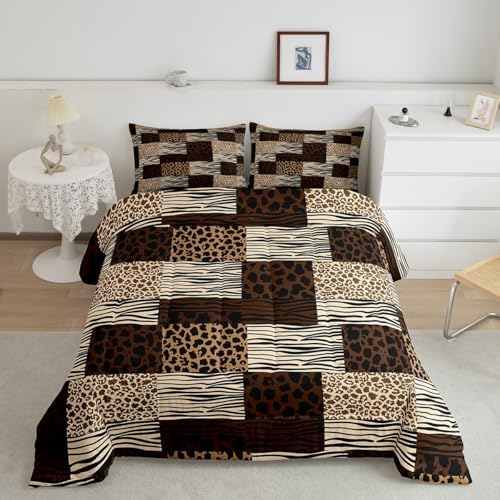 Manfei Black Leopard Comforter Set King Size,Cheetah Zebra Wildlife Animal Abstract Skin Bedding Set,Girls Boys Room Decor,Geometric Plaids Stripe Dot Quilt Comforter,Brown Duvet Insert,2 Pillowcases