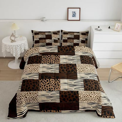Manfei Black Leopard Comforter Set King Size,Cheetah Zebra Wildlife Animal Abstract Skin Bedding Set,Girls Boys Room Decor,Geometric Plaids Stripe Dot Quilt Comforter,Brown Duvet Insert,2 Pillowcases