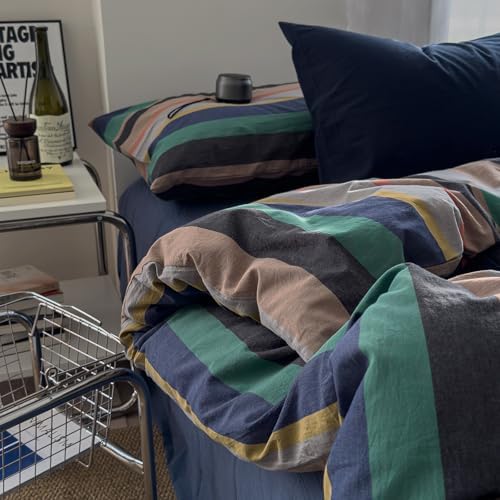 mixinni Blue Striped Duvet Cover Twin XL 100% Washed Cotton 3 Pcs Vintage Striped Bedding Set Soft Breathable Comforter Cover Set for Boys Girls Bedroom