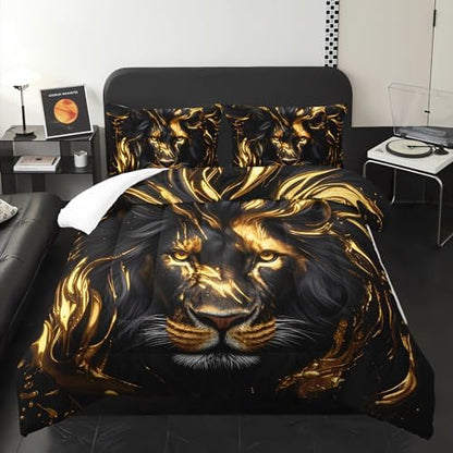 Black & Gold Queen Comforter Set Lion，Animal Print Queen Size Bedding，with 1 Comforter with 2 Pillow Case，Lion Themed Bedroom Decor for Boy Kids