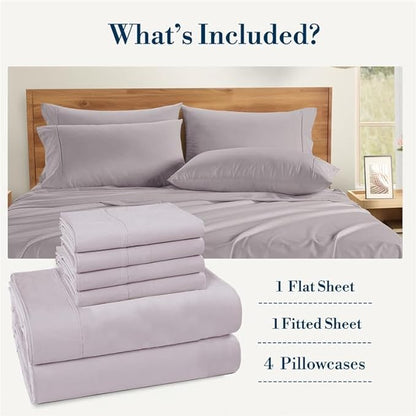 Casa Platino 100% Cotton Full Size Sheets – Crisp Percale Sheets Full with 4 Pillowcases, with 15" Deep Pocket Sheet for Secure Fit, Ultra Soft & Cozy, Excellent Quality & Fit – Grey Lavender