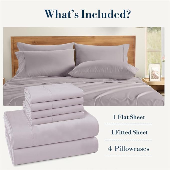 Casa Platino 100% Cotton Queen Size Sheets – Crisp Percale Sheets Queen with 4 Pillowcases, with 15" Deep Pocket Sheet for Secure Fit, Ultra Soft & Cozy, Excellent Quality & Fit – Grey Lavender