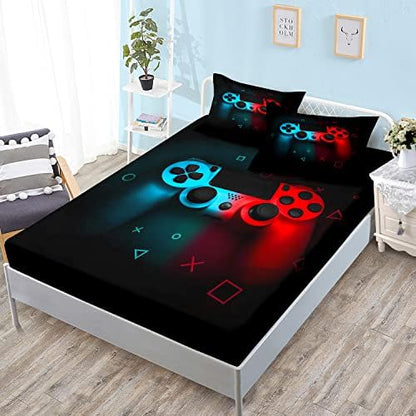 HOSIMA Kids Black Gamepad Twin Bedding Sets,1 Fitted Sheet+2 Pillowcases.
