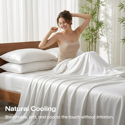 100% Real Bamboo Viscose & Lyocell Tencel Sheets Set King Size | Breathable & Cooling for Hot Sleeper | Luxury Silky Soft Fabric | 18" Deep Pocket with Corner Straps (Natural White, King)