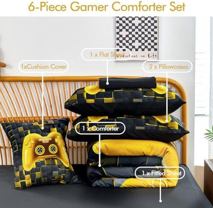PERFEMET 6 Pieces Queen Bed in A Bag Gamer Black and Gold Boys Comforter Set with Sheets Soft Fluffy 3D Cool Video Game Kids Bedding Set for Teen Girls(Gold, Queen)