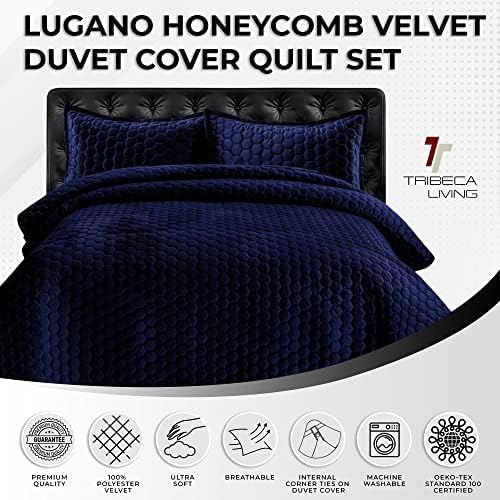 Tribeca Living Lugano Oversized Velvet Quilt Set - All Season, Extra Large, 3 Piece Queen Size Comforter Set with 2 Pillow Shams in Navy Blue Honeycomb Pattern 260GSM