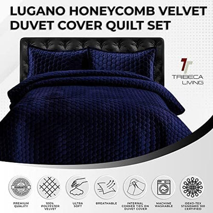 Tribeca Living Lugano Oversized Velvet Quilt Set - All Season, Extra Large, 3 Piece Queen Size Comforter Set with 2 Pillow Shams in Navy Blue Honeycomb Pattern 260GSM