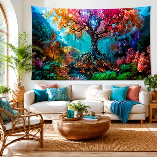 Delur Forest Tapestry Tree of Life Fantasy Tropical Rainforest Tapestry Wall Hanging Colorful Nature Mystical Landscape Psychedelic Spiritual Headboard for Bedroom Living Room Home Decor (59.1" x 78.7")