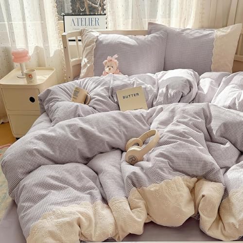 LifeTB Purple Gingham Comforter Set Twin XL Fluffy Soft Princess Style Girls Lace Bedding Set Cottagecore Cute Plaid Checkered Comforter with 2 Pillowcases Chic Gingham Bedding Grid Comforter Set