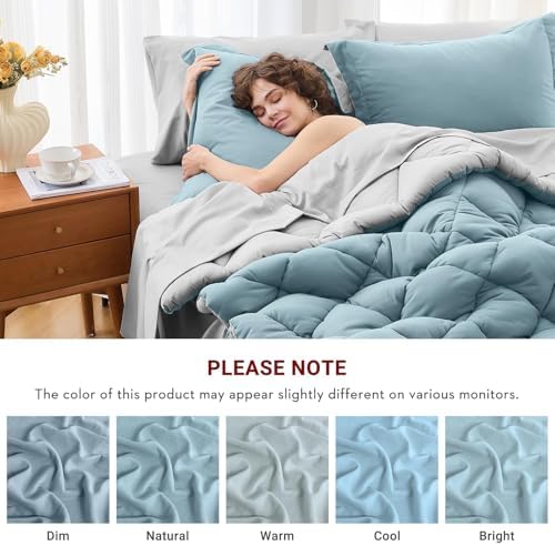 MUXHOMO 7 Pieces California King Comforter Set, Reversible Bed in a Bag Cal King Size, All Season Bedding Set with Comforter, Flat Sheet, Fitted Sheet, Pillowcases & Shams, Greyish Blue & Light Grey