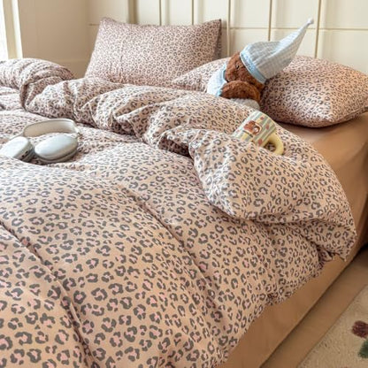 mixinni Light Brown Leopard Print Duvet Cover Set Queen Size, 3PCs Cute Animal Cheetah Bedding, 100% Cotton Double Gauze Soft Aesthetic Retro Pink Black Bedding Set with 2 Pillowcases for Girls Women
