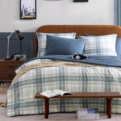 Plaid Queen Comforter Set Blue Grey 7 Pieces Farmhouse Bed in a Bag