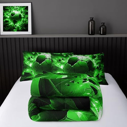 Nttopship Soccer Bedding Comforter Set Queen Size for Kids Teens and Adults, Black and Green Football Printed Bedding Sets 3 PCS,Ball Sports Themed Bedroom Decor with 1 Comforter and 2 Pillowcases