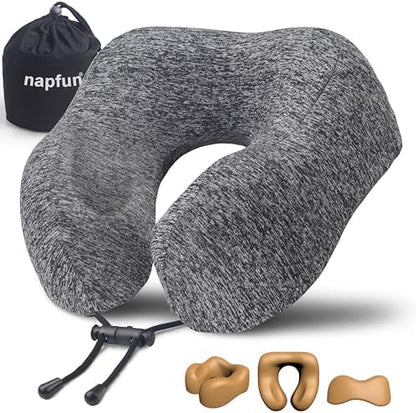 napfun Neck Pillow for Travel, Memory Foam Airplane Pillow, Full Grey