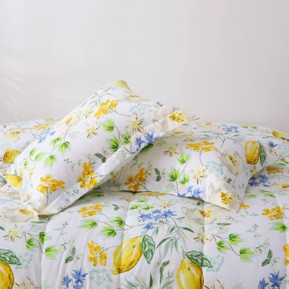 Mooreeke Floral Queen Size Comforter Sets, Lemon Blossoms Patterned Bed in a Bag for All Seasons, 3-Piece Farmhouse Rustic Bedding Set with Fluffy Quilted Reversible Comforter & 2 Pillow Shams