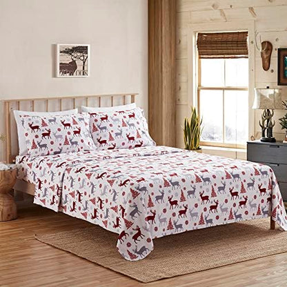 Flannel Sheets Warm and Cozy Deep Pocket Breathable All Season Bedding Set with Fitted, Flat and Pillowcases, Twin, Buffalo Deer