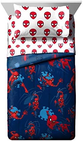 Marvel Spiderman Twin Comforter Set 4 Piece Kids Bedding for Boys, Blue