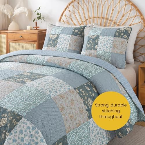 SLPR - Wildflowers Blue Floral Patchwork Cotton Quilt Set, King and 2 Shams