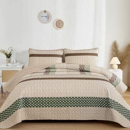 WONGS BEDDING Khaki Quilt Queen Size, Soft Stripe Bedspreads