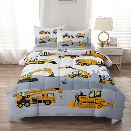 4-Pcs Engineering Vehicle Twin Size Bedding Set for Kids Boys, Grey