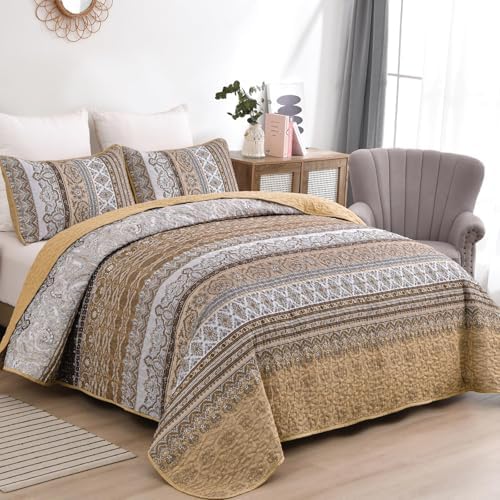 WONGS BEDDING Boho Quilt King Size,3 Pcs Brown Bedspread Bedding Set