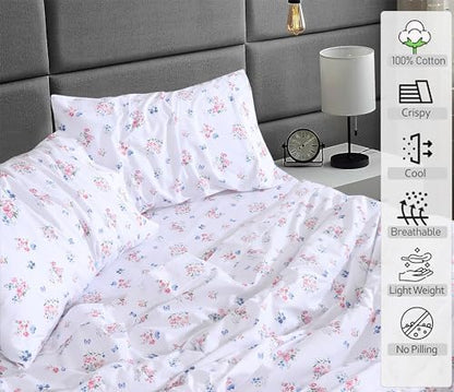 RUVANTI 100% Cotton Percale King Sheets, King Size Sheets Set, Funa Flora