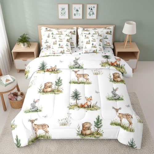 Erosebridal Woodland Wildlife Bed in A Bag with Sheets for Kids Boys Girls Wild Animals King Comforter Set 7 Piece Cartoon Fox Rabbit Beaver Deer Bedding Set Fir Trees Bed Set