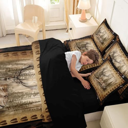 Erosebridal Elk Deer Bedding Set King Rustic Deer Paw Comforter Set 7 Piece Vintage Farmhouse Cabin Bed in A Bag for Adults Country Lodge Wildlife Quilt with Flat Fitted Sheet