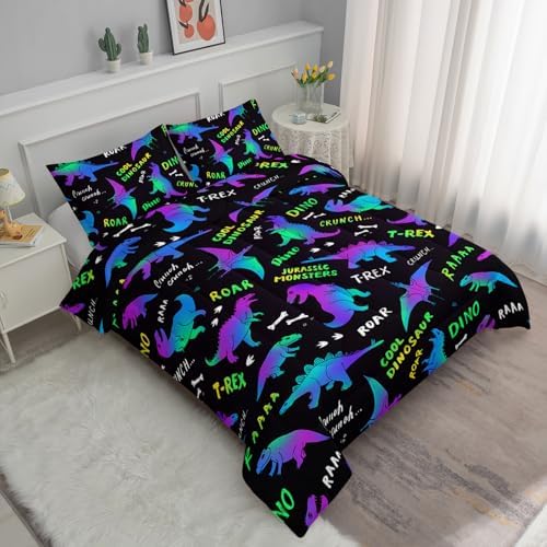 Axolotl Cartoon Dinosaur Bedding Set King Size,Gradient Dinosaur Comforter for Kids Teens,Colorful Dino Kids Bed Set,Monsters Bedding for Boys Girls Adults,1 Quilt with 2 Pillowcases All Season,Black