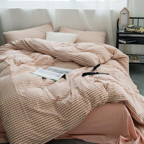 mixinni Pink Gingham Comforter Set Full, Plaid Comforter Set 3 Pieces 1 Pink Grid Comfoter with 2 Pillow Cases for All Seasons, Soft Fluffy Modern Grid Pattern Printed Bedding-Full Size