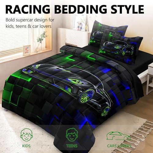 3 Pcs Twin Car Bedding Sets for Boys, Green Blue Race Car Twin Comforter Set for Boys Teens, Twin Boy Bedding Set